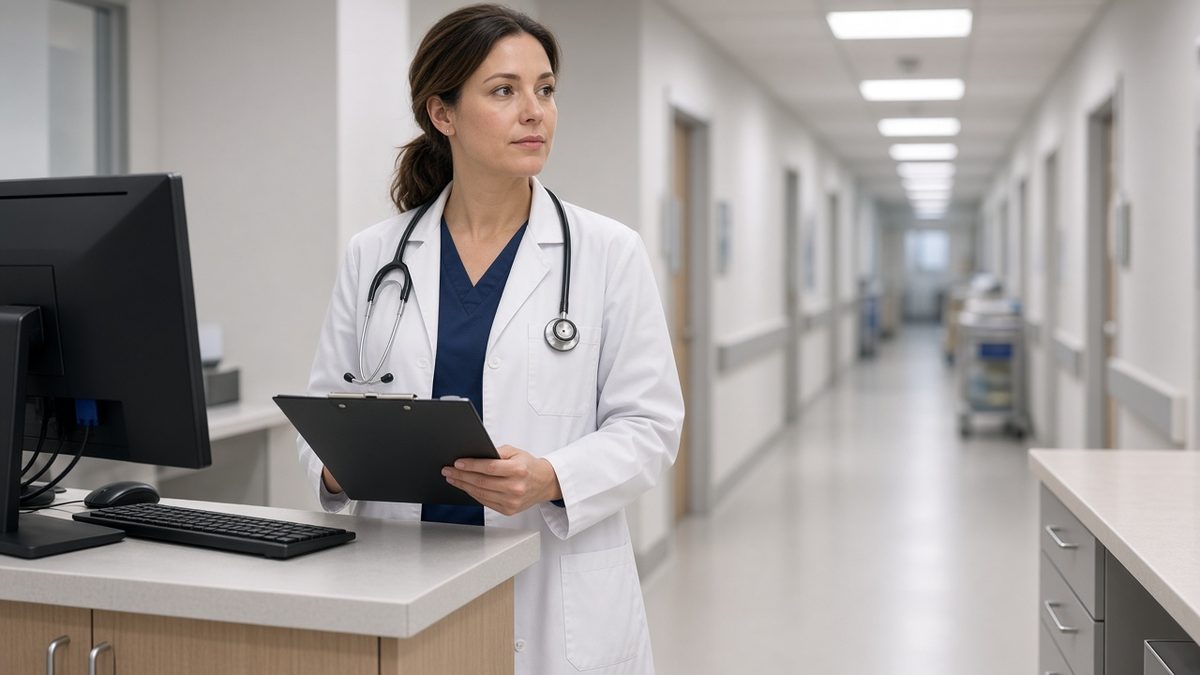 Doctor at a hospital nurse station in a pale corridor