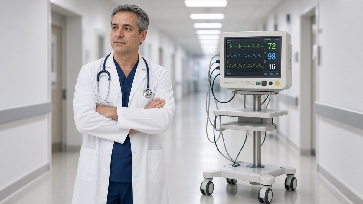 Doctor in a hospital corridor next to a vital-signs monitor