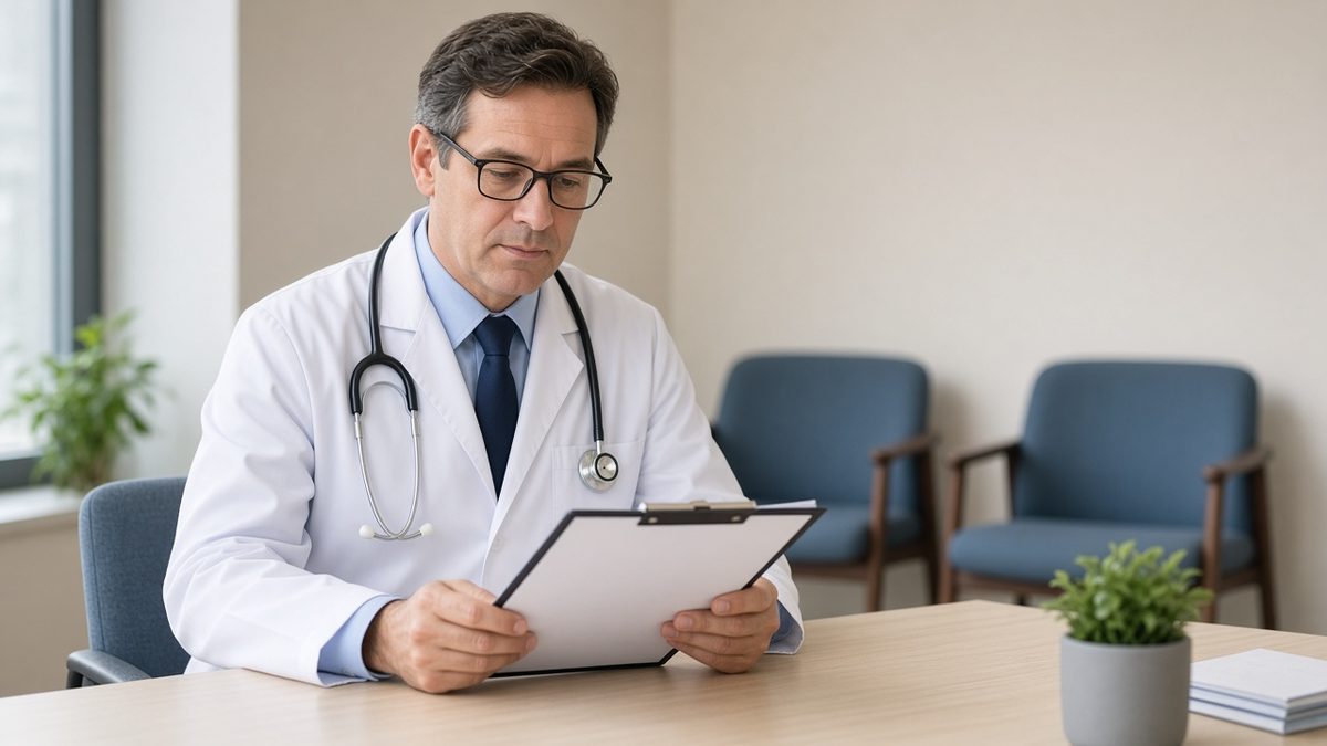 Doctor reviewing a blank chart in a counseling clinic