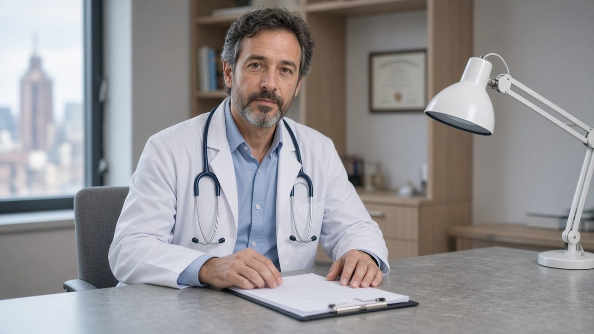 Doctor at a counseling-clinic desk with a medical clipboard