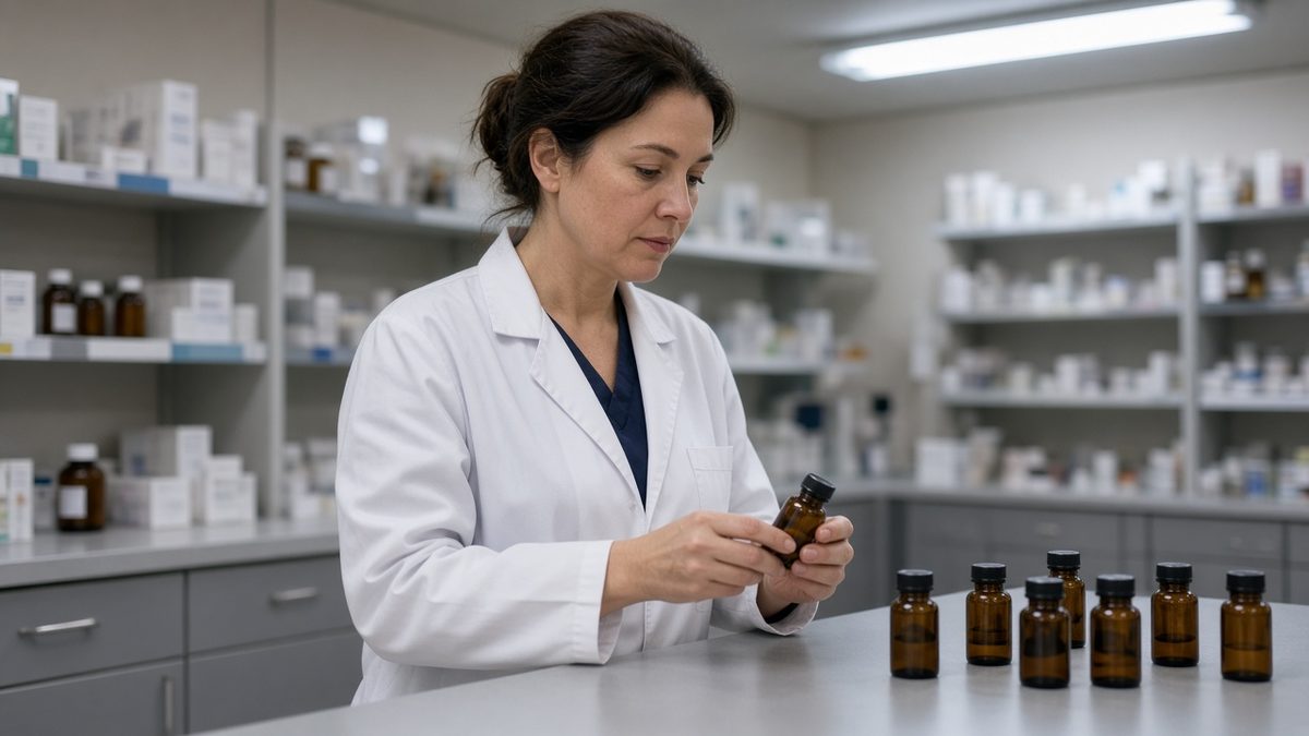 Doctor at a clinic pharmacy counter with unlabeled amber vials