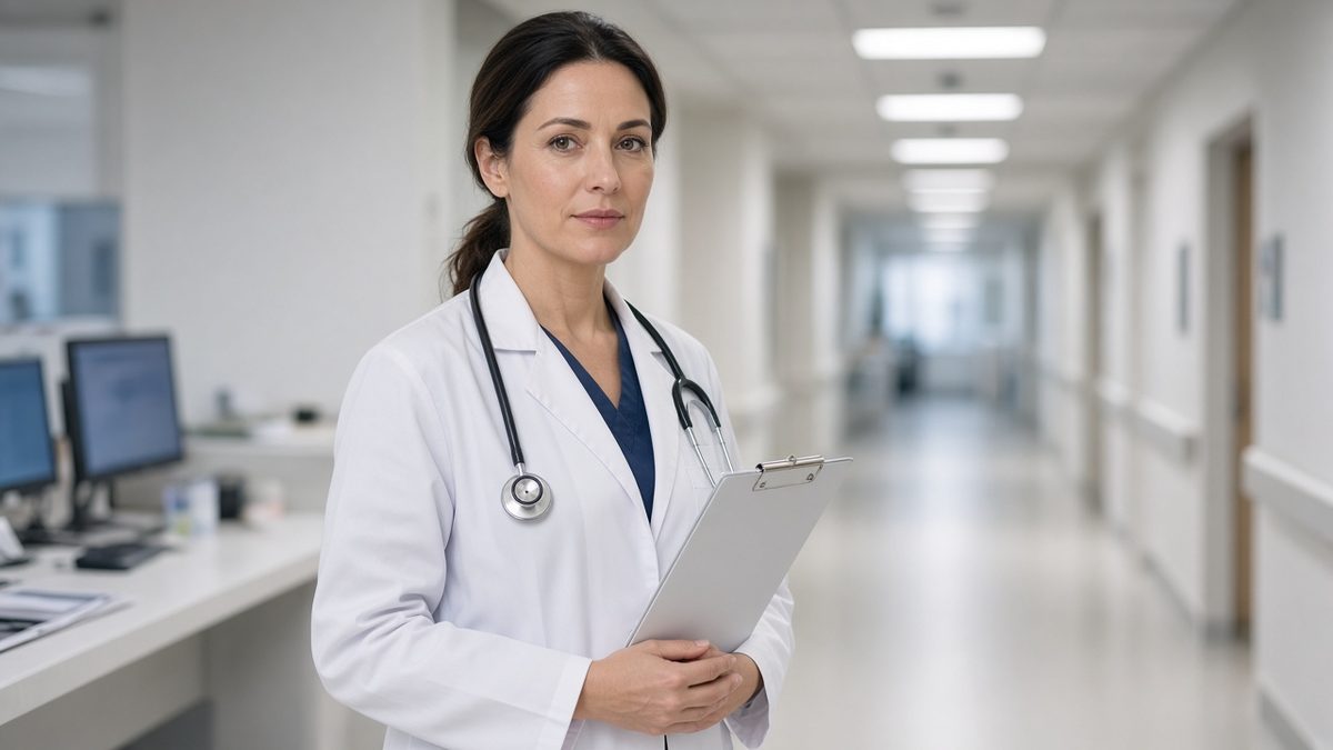 Doctor at a hospital nurse station with a blank clipboard