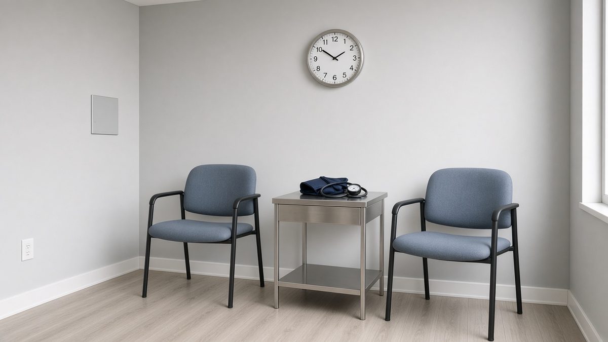 Empty outpatient counseling clinic, two chairs, blood-pressure cuff