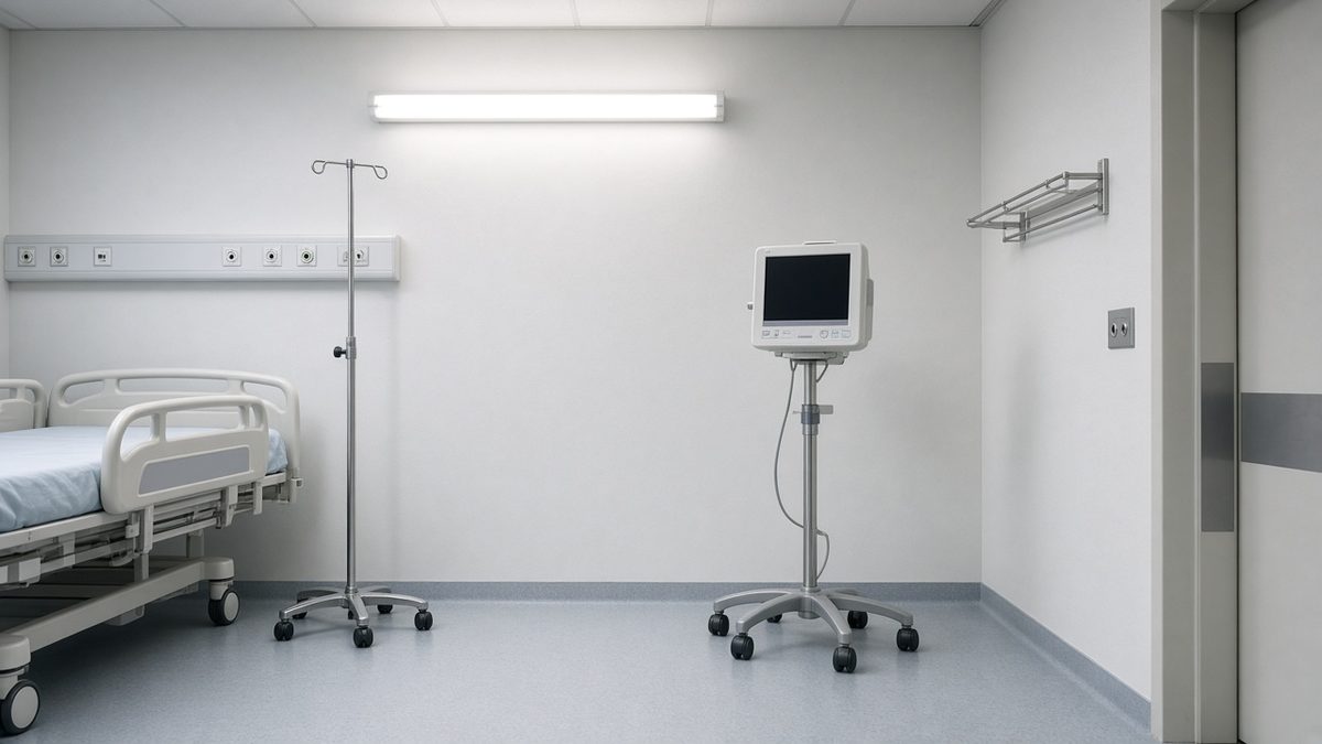 Empty hospital detox bay, IV pole, vital-signs monitor
