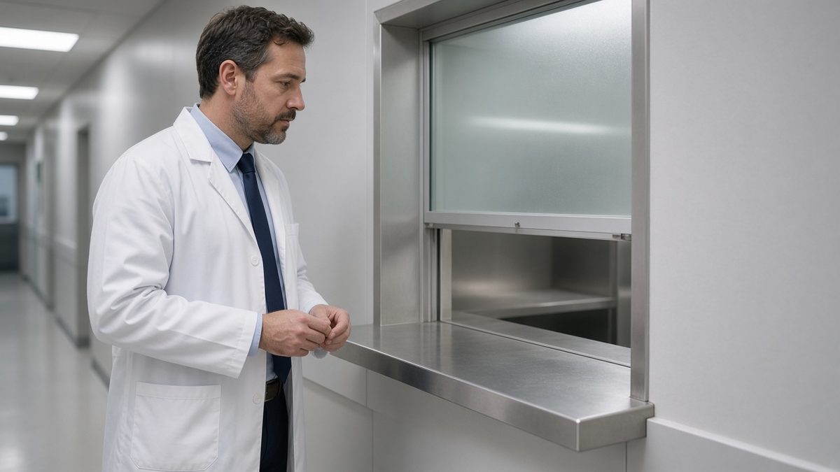 Doctor at a medication window on a stainless clinic wall