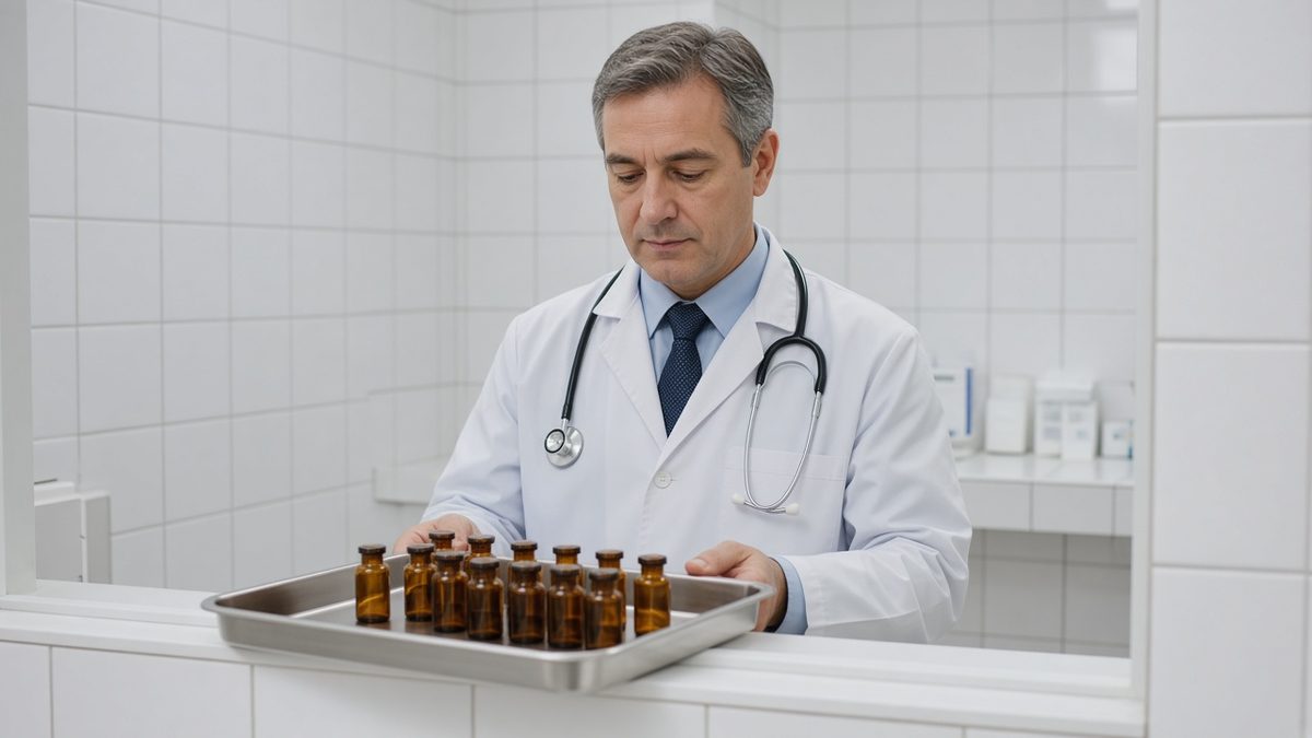 Doctor at a medication window with unlabeled amber vials