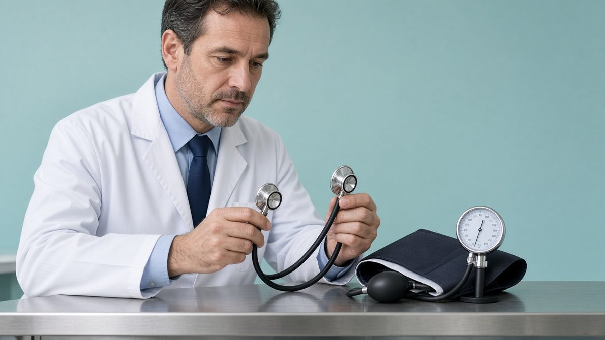 Doctor with a stethoscope and blood-pressure cuff on an exam counter