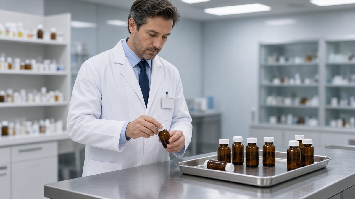 Doctor at a clinic pharmacy counter with unlabeled amber vials