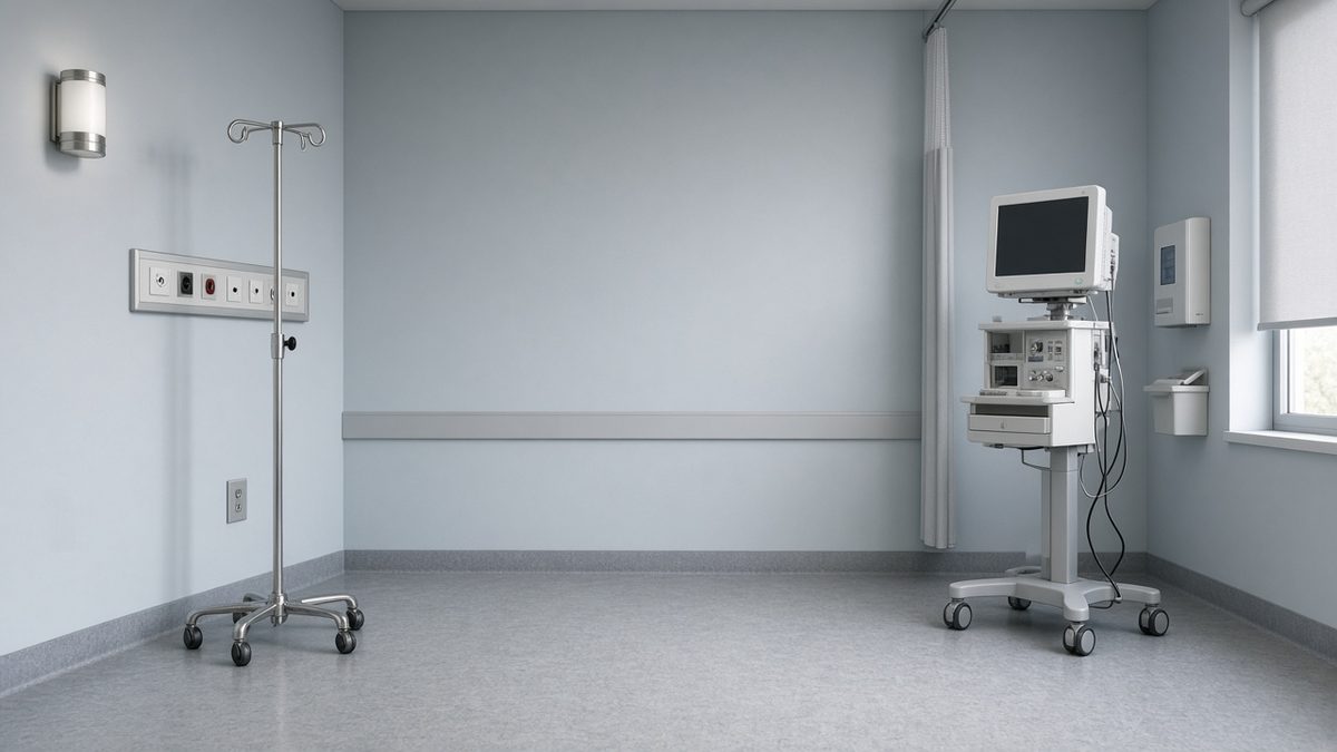 Empty hospital detox room, IV pole, vital-signs monitor