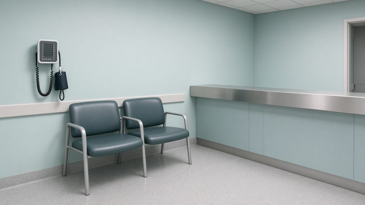 Empty clinic waiting area, vinyl chairs, wall-mounted cuff