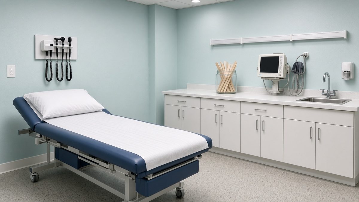 Empty hospital exam room, otoscope, vital-signs monitor
