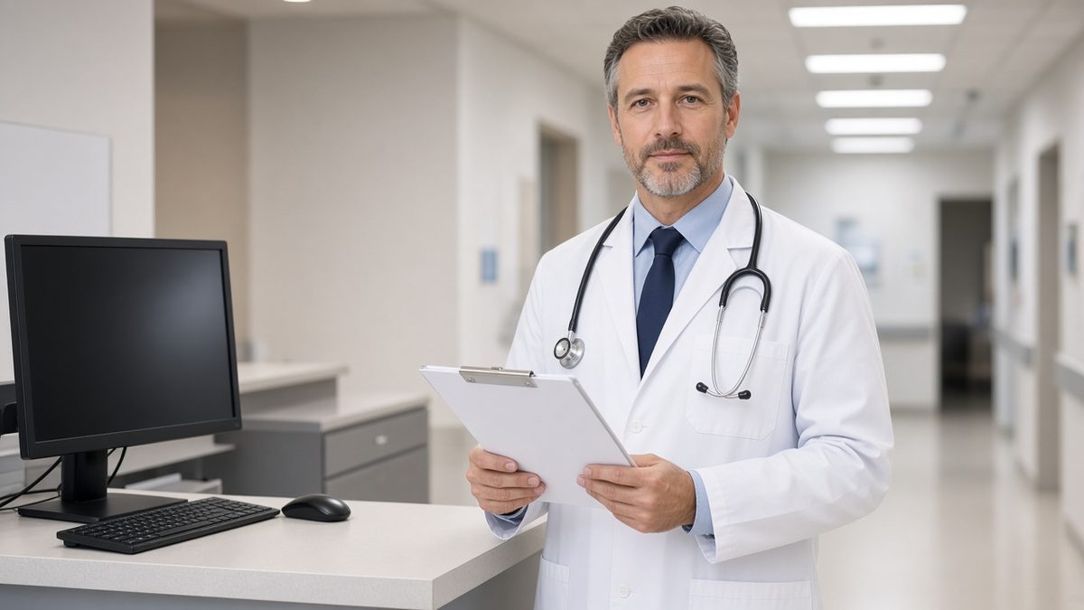 Doctor at a hospital nurse station with a blank clipboard