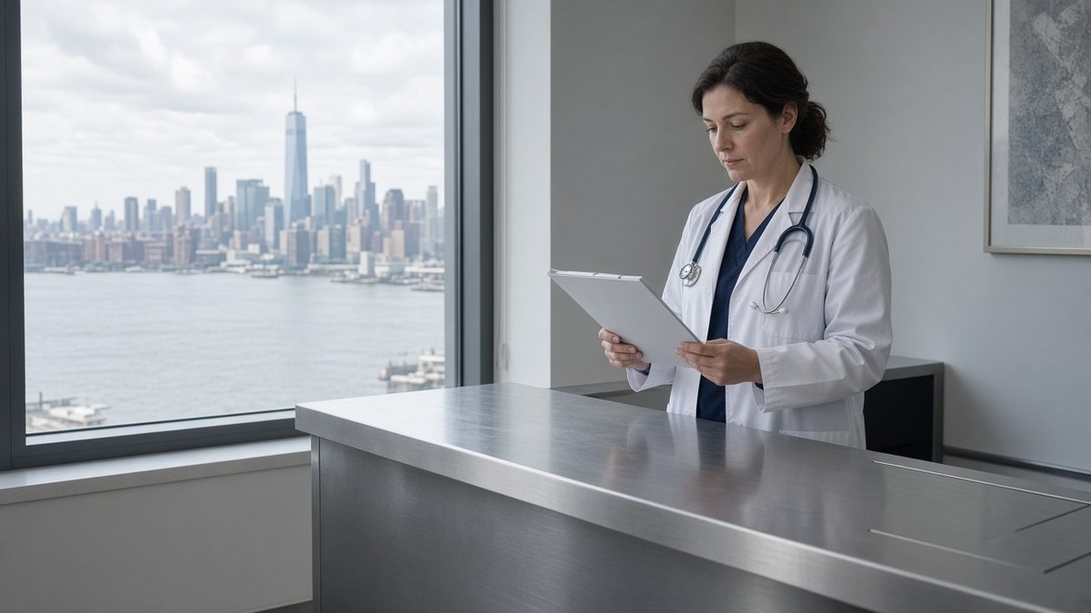 Doctor at a New York clinic intake counter, stethoscope, stainless ledge