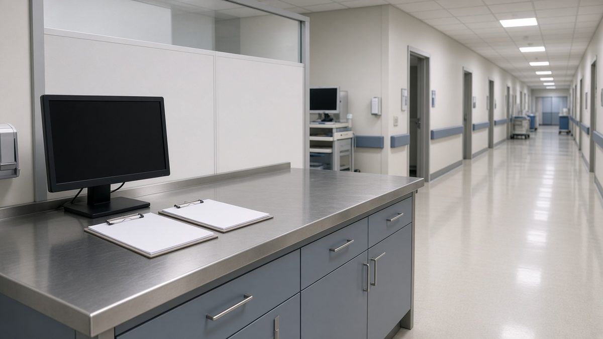 Empty hospital nurse station, clipboards, stainless counter