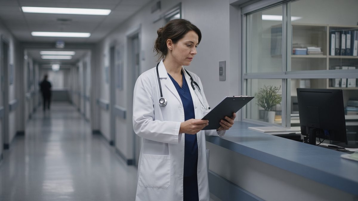 Doctor at a hospital nurse station with a blank clipboard