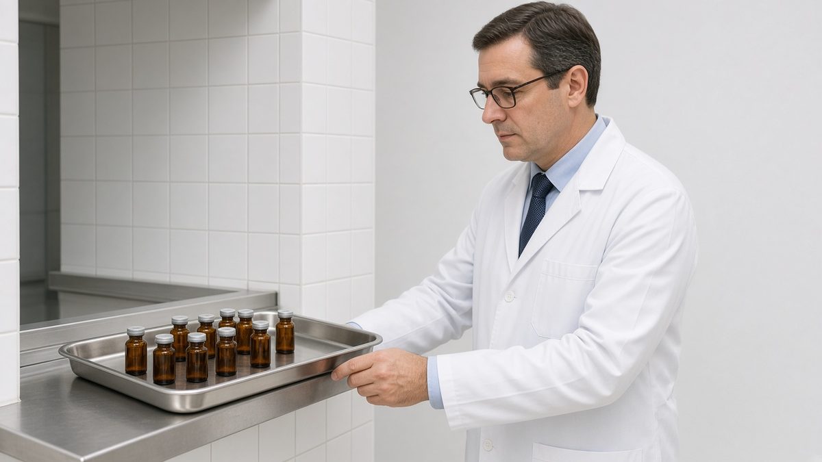 Doctor at a clinic medication window with unlabeled amber vials