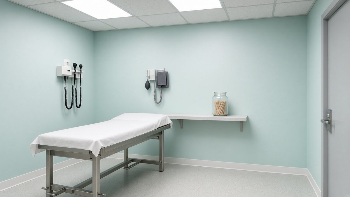 Empty medical clinic exam room, otoscope, tongue-depressor jar