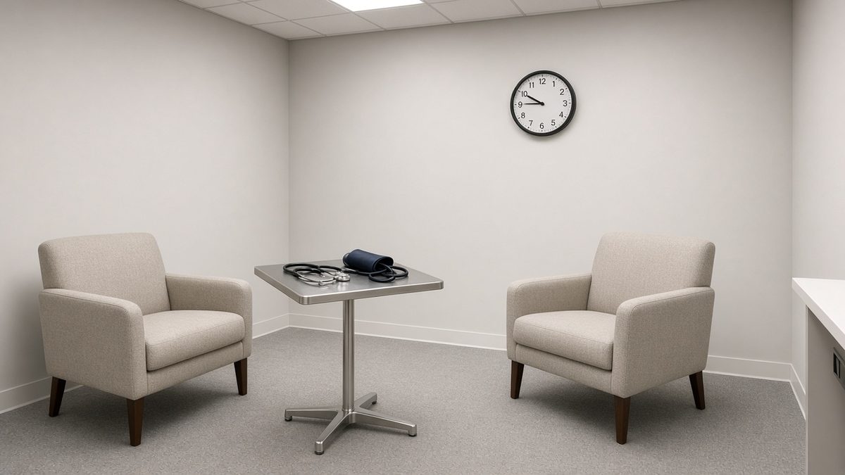 Empty counseling clinic, two chairs, stethoscope on a side table