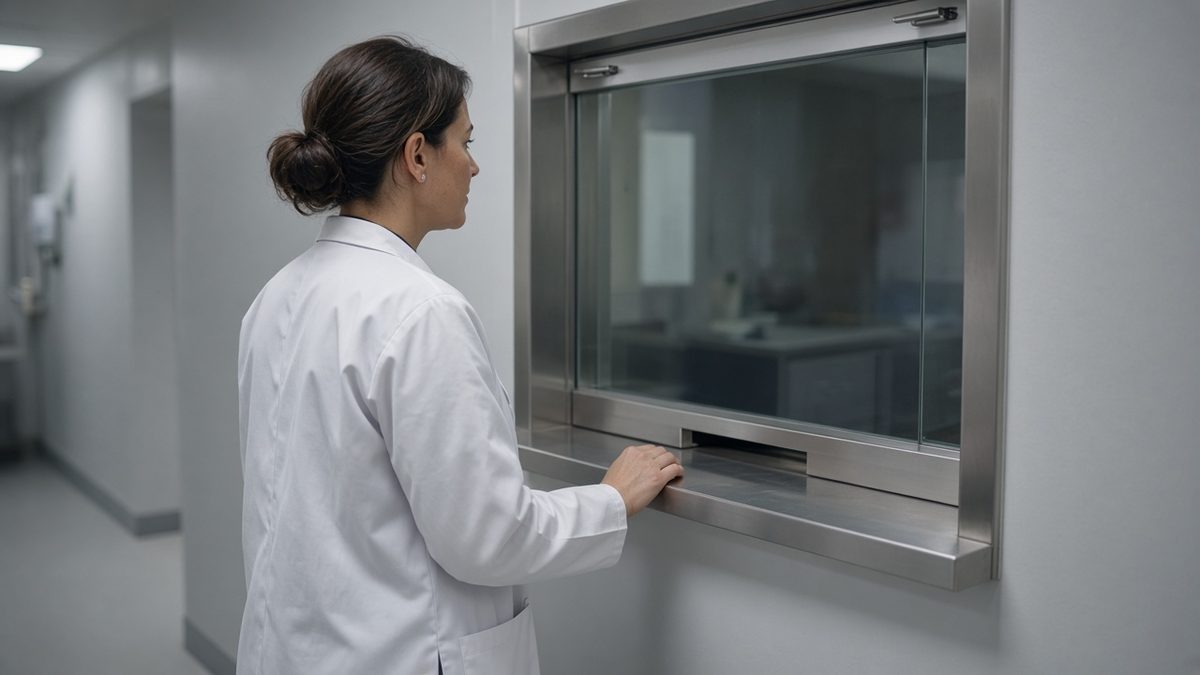 Doctor at a medication window on a stainless wall