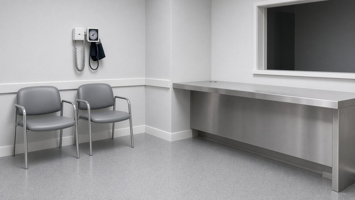 Empty outpatient clinic, vinyl chairs, wall-mounted cuff
