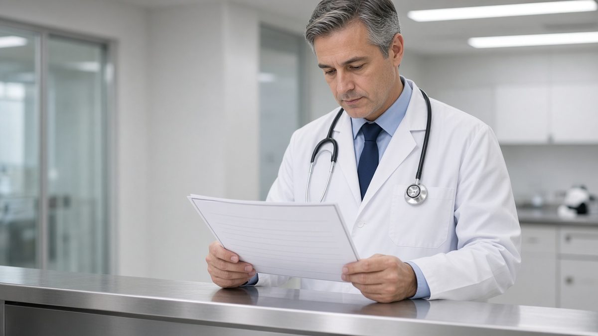 Doctor reviewing a blank medical chart at an intake counter