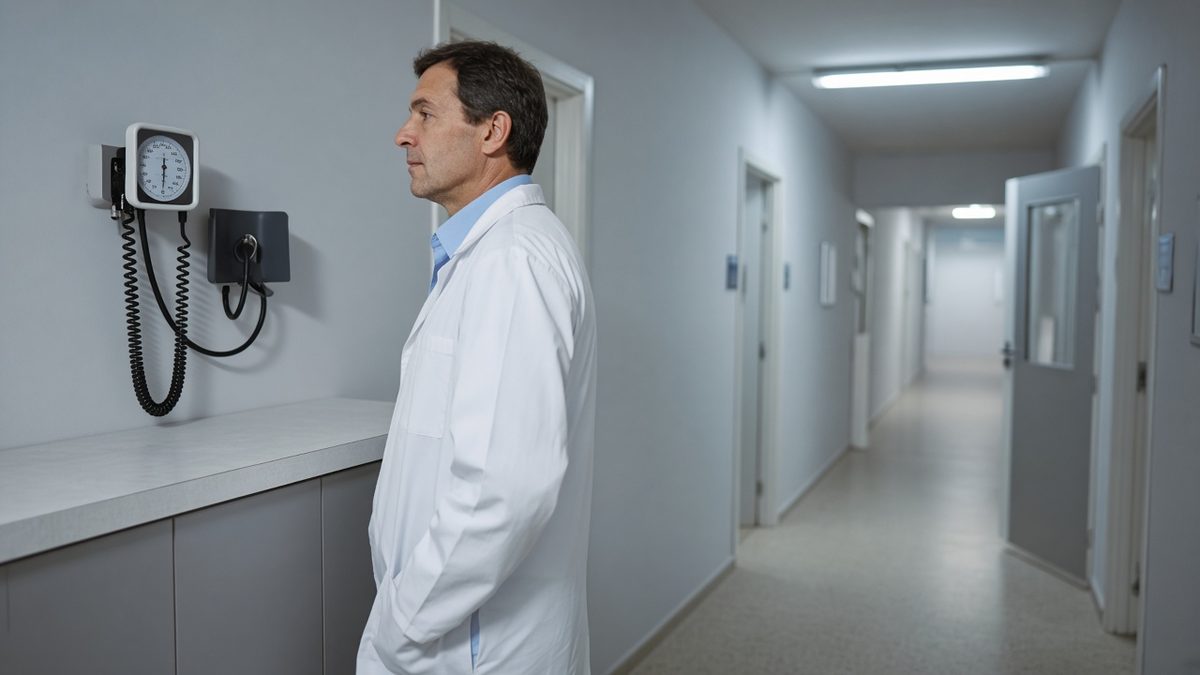 Doctor in a hospital corridor next to a vital-signs monitor