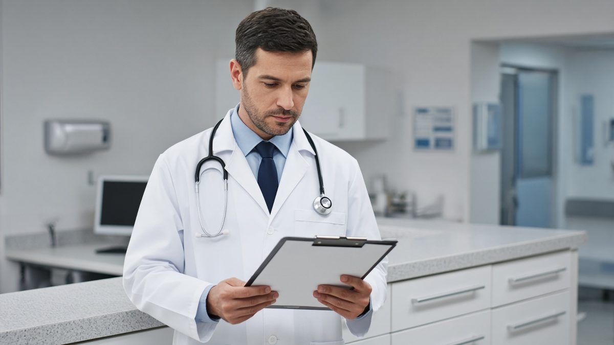 Doctor at a hospital nurse station, computer monitor, clipboard