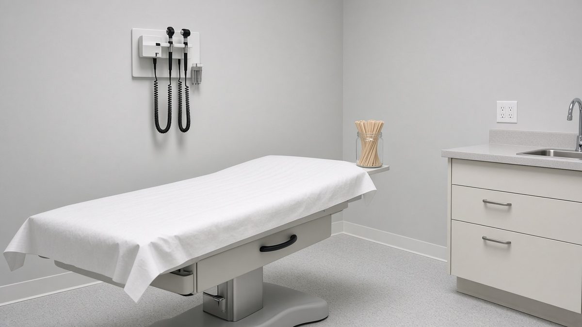 Empty outpatient exam room, exam table, wall otoscope