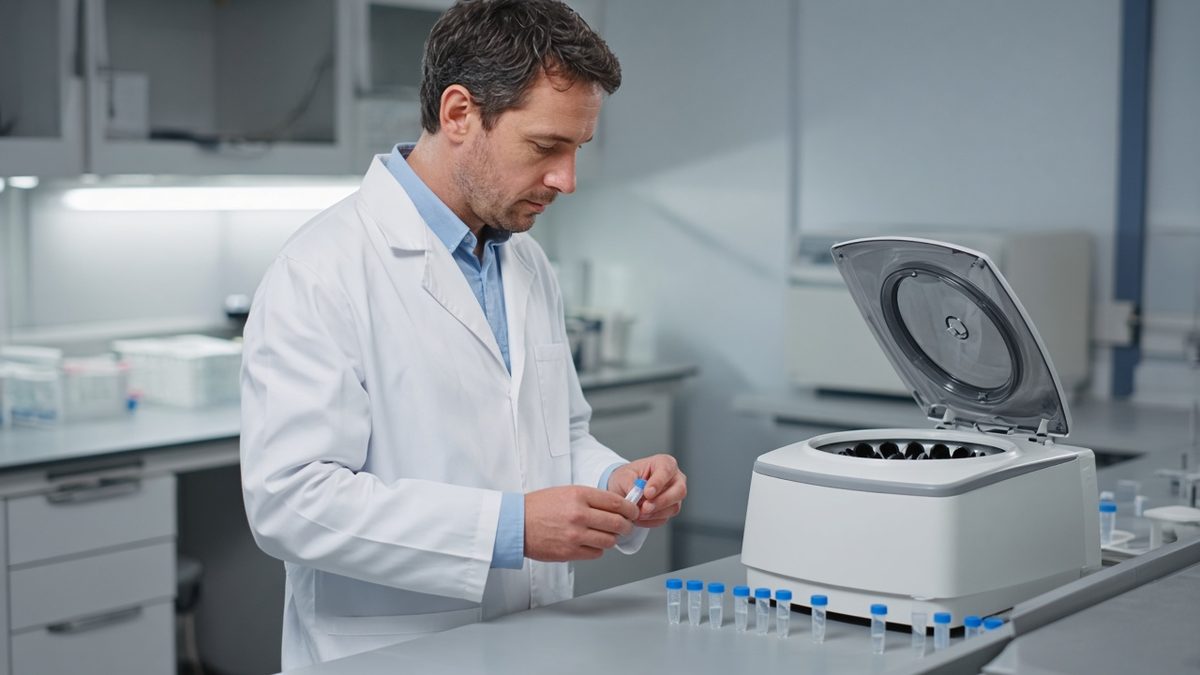 Doctor at a pharmacy counter with unlabeled amber vials