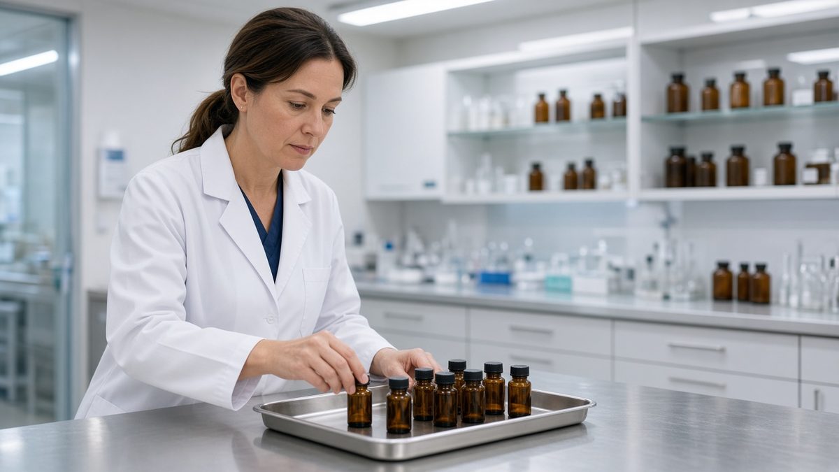 Doctor at a clinic pharmacy counter with unlabeled amber vials