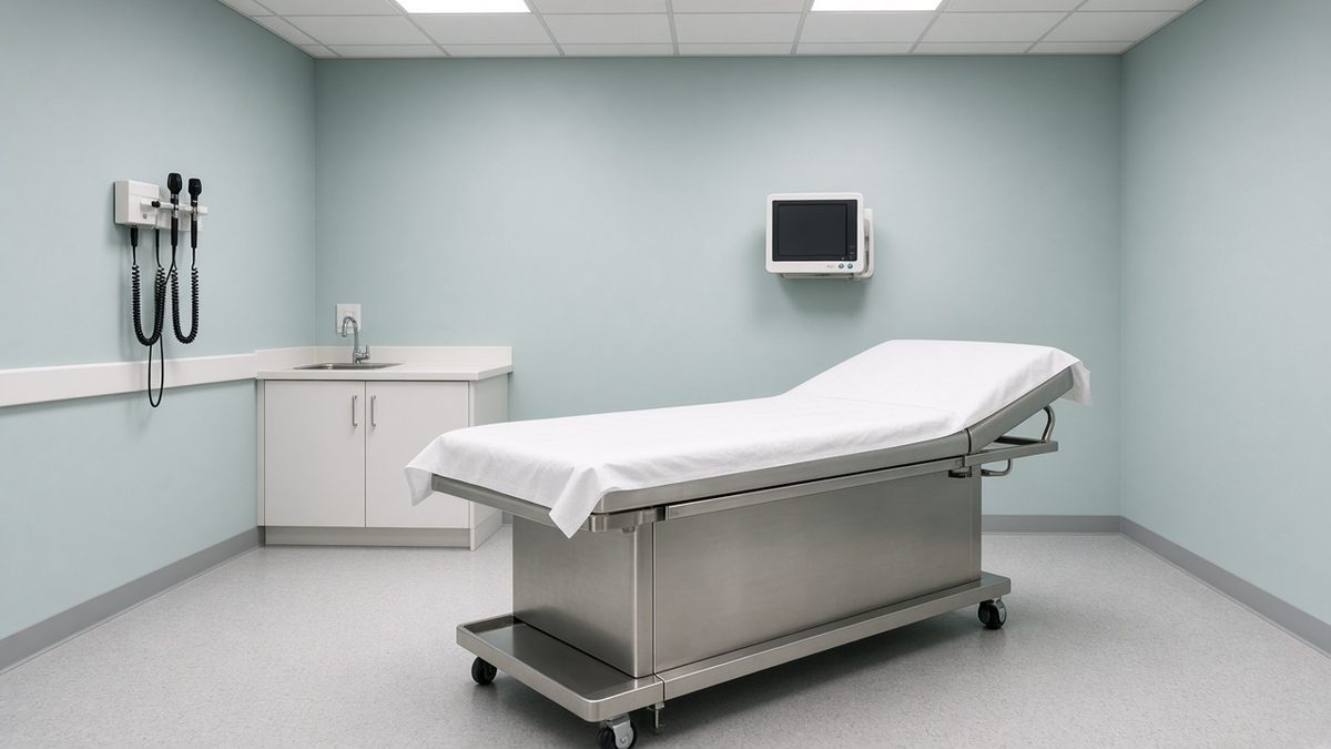 Empty hospital exam room, stainless table, vital-signs monitor